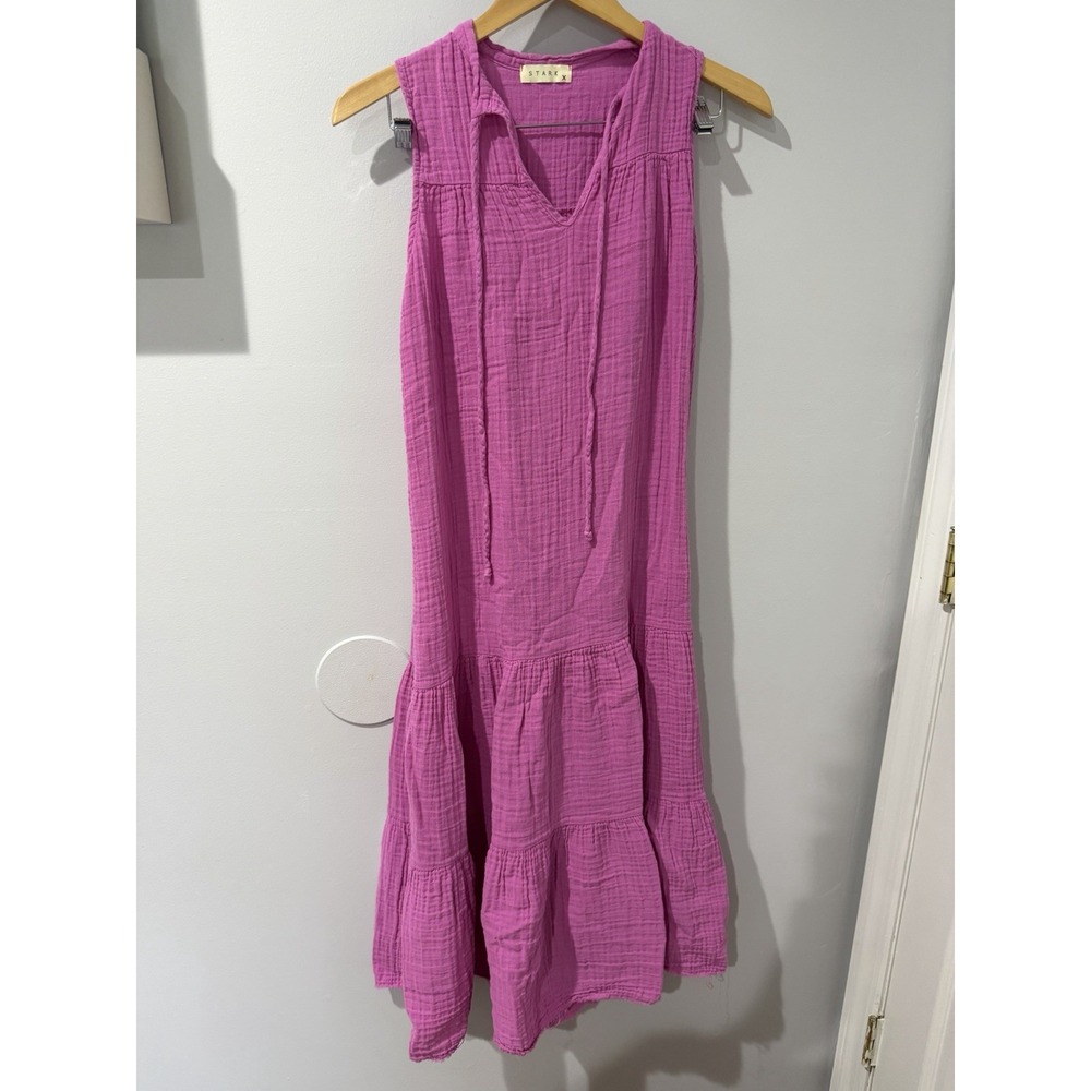 STARK X Dress Womens Pink Cotton Gauze V-Neck Maxi Long Tiered Boho XS M